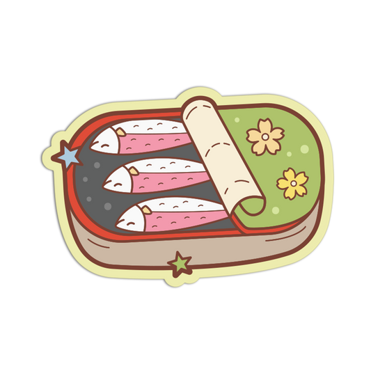 Illustration of a bento box with sushi and a roll on a white background