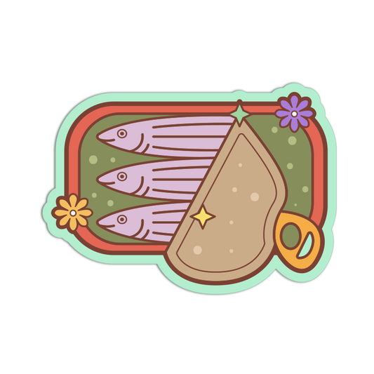 Illustration of a fish can with three fish on a white background