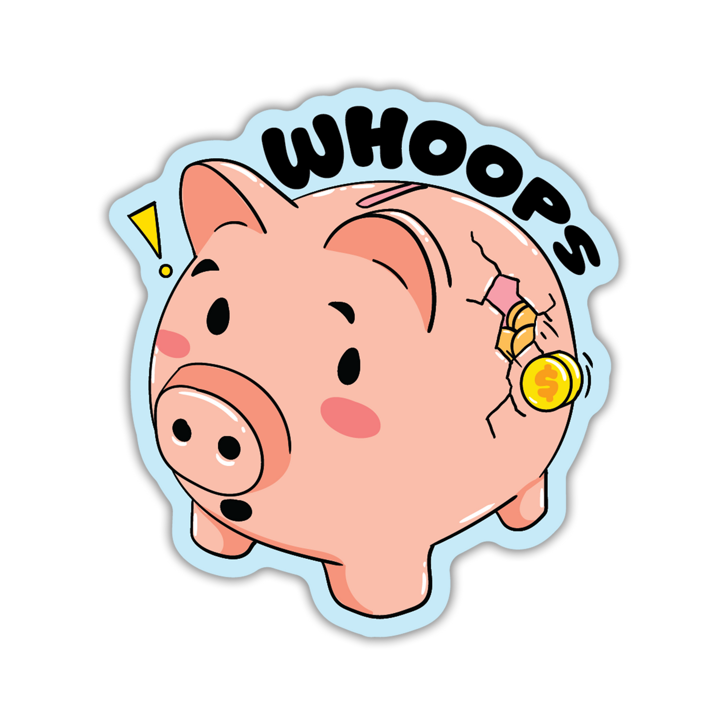 Cartoon pig with a bow and 'WHOOPS' text on a white background