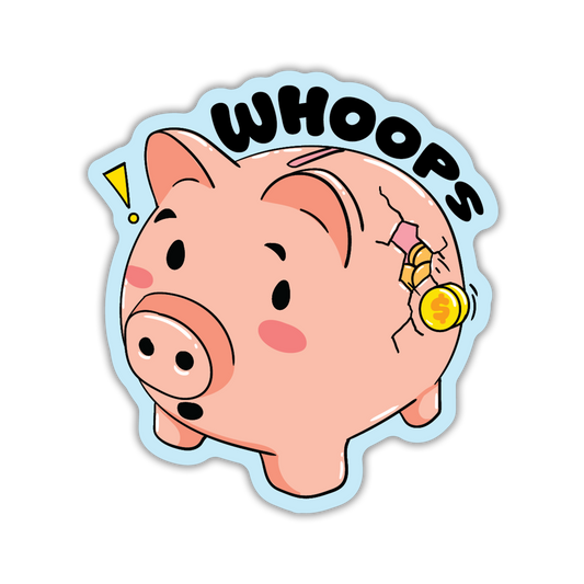 Cartoon pig with a bow and 'WHOOPS' text on a white background