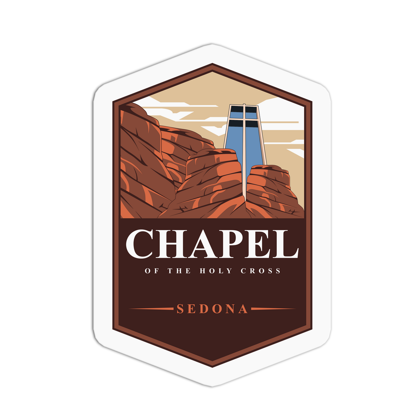 Logo of Chapel of the Holy Cross in Sedona with desert landscape design.