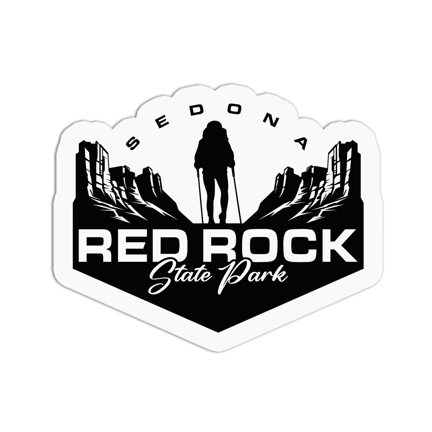 Sticker with 'Sedona Red Rock State Park' design featuring a silhouette of a person and rock formations.