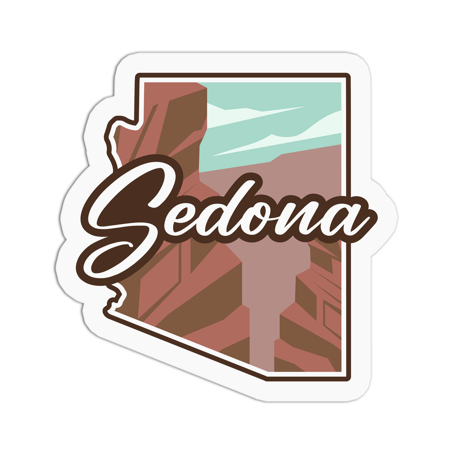 Sticker with 'Sedona' text and a scenic background on a white background