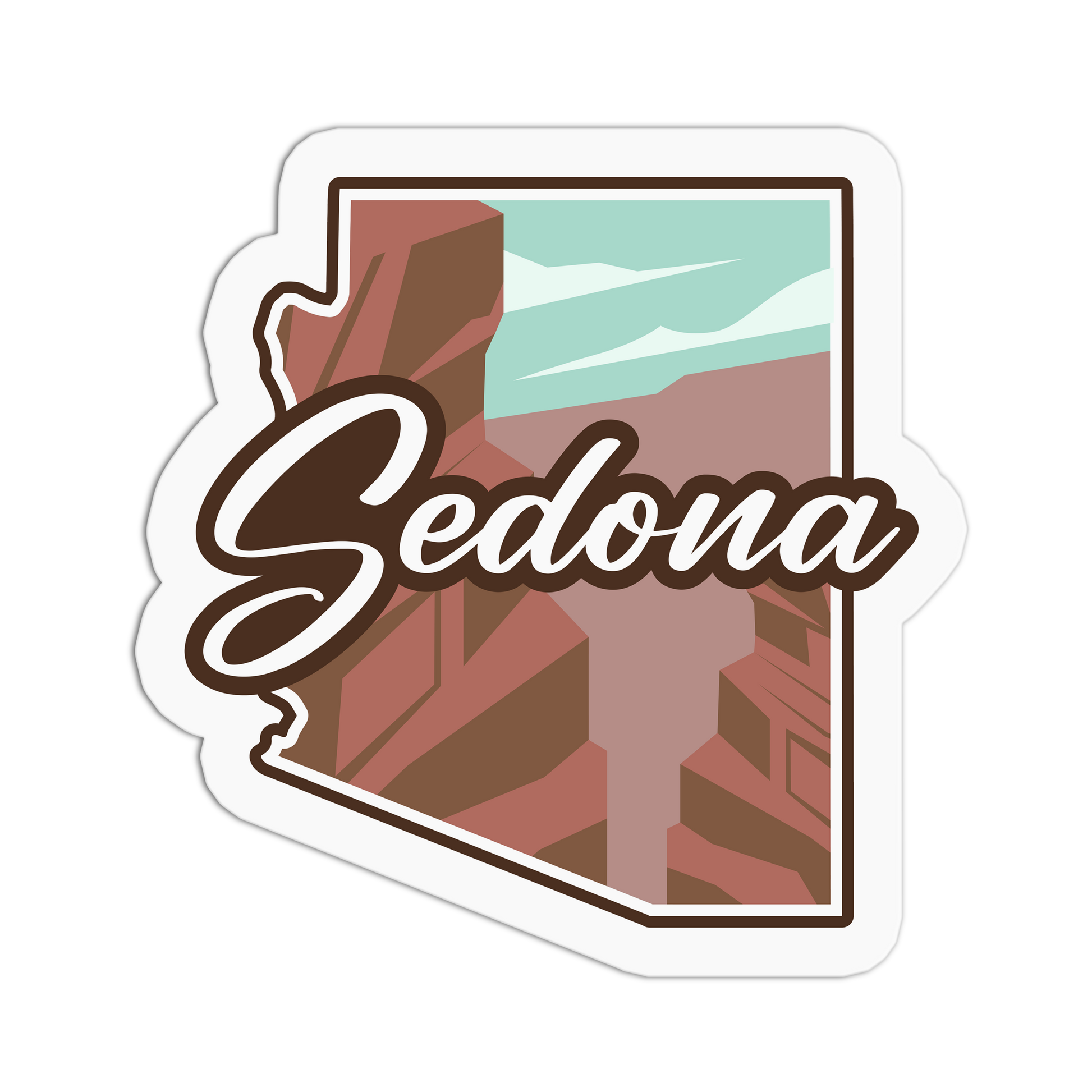 Sticker with 'Sedona' text and a scenic background on a white background