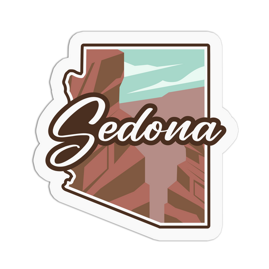 Sticker with 'Sedona' text and a scenic background on a white background