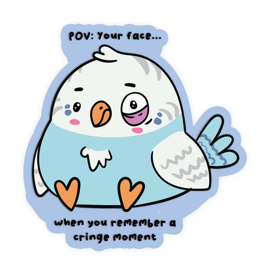 Cartoon bird character with a humorous expression and text about remembering a cringe moment.