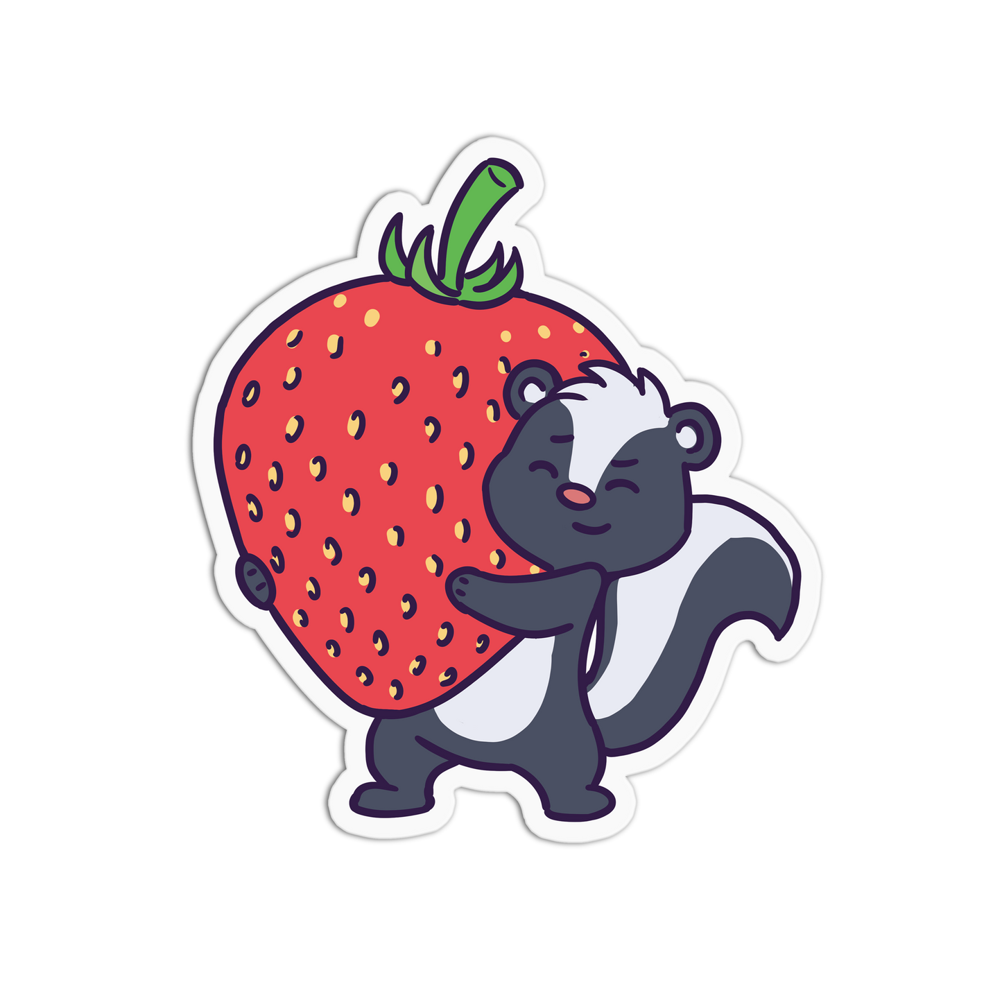Cartoon skunk holding a strawberry on a white background