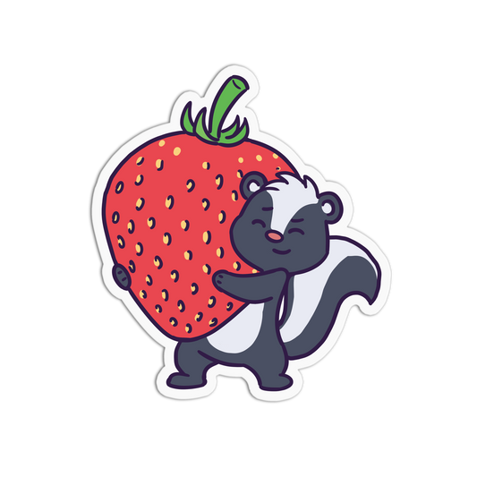Cartoon skunk holding a strawberry on a white background