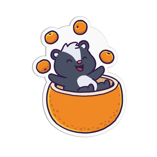 Cartoon skunk inside an orange with a white background