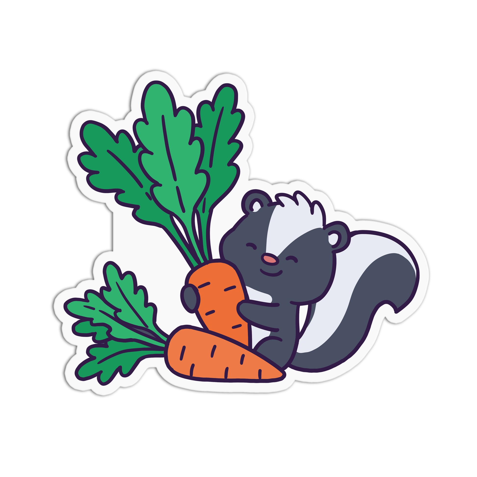 Cartoon skunk holding a carrot with green leaves on a white background