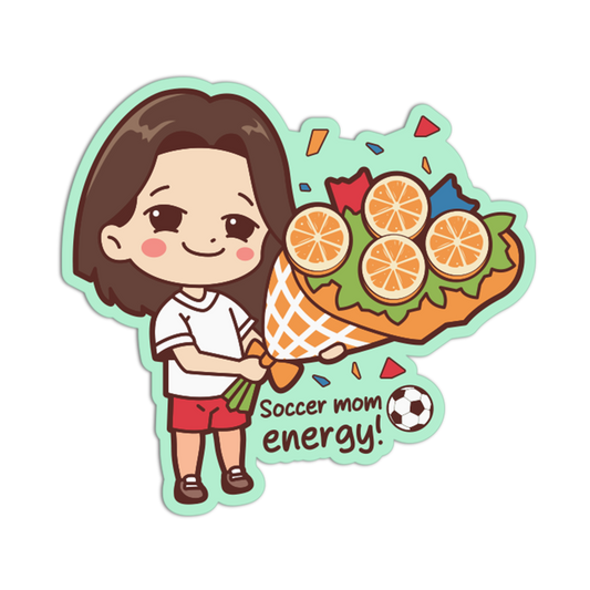 Cartoon character holding an ice cream cone with oranges, text 'Soccer mom energy!' on a transparent background