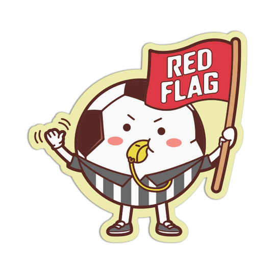 Cartoon soccer referee holding a red flag on a white background