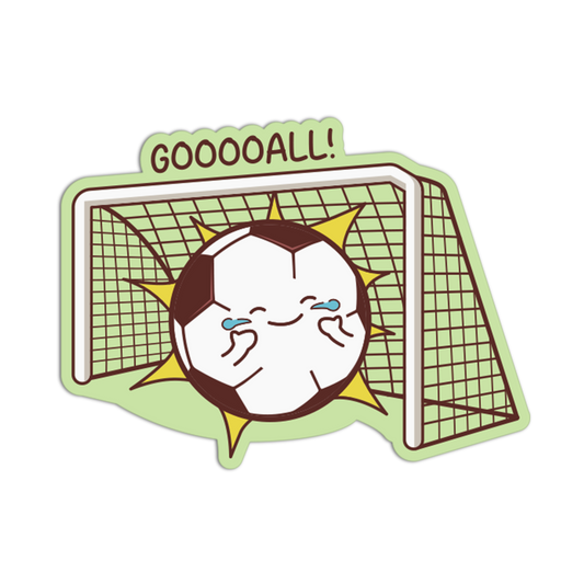 Cartoon soccer ball with a smiling face in front of a goal, with 'GOOOOALL!' text above.
