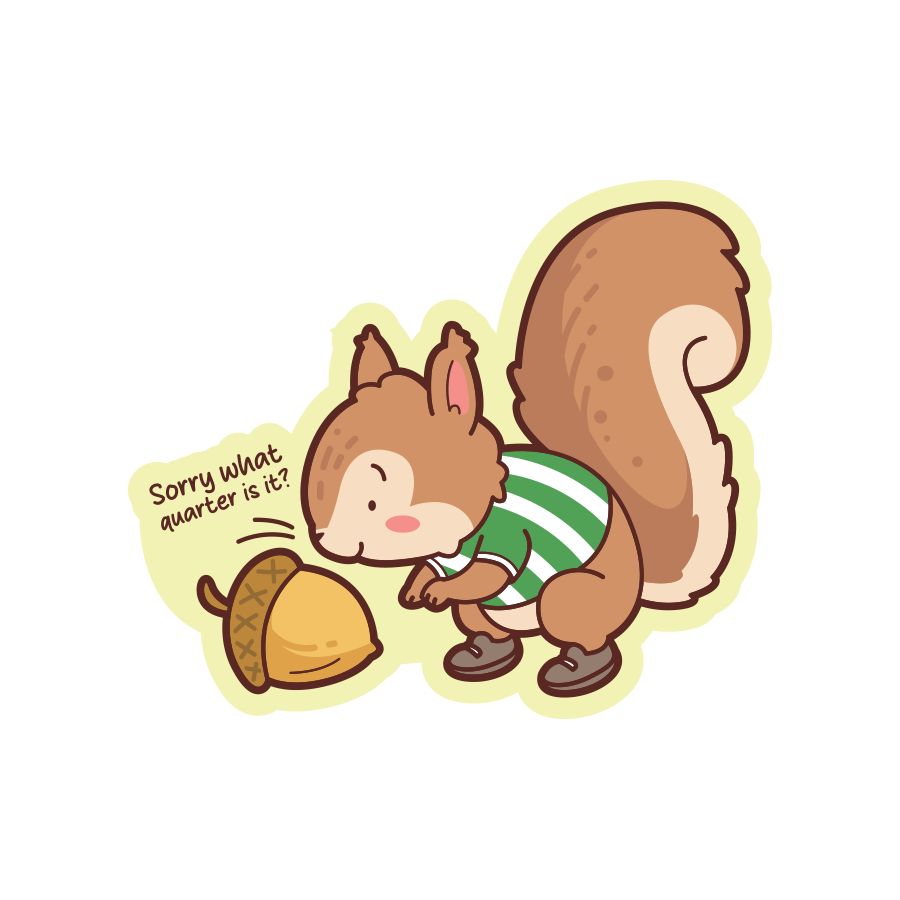 Cartoon squirrel holding an acorn with text on a white background