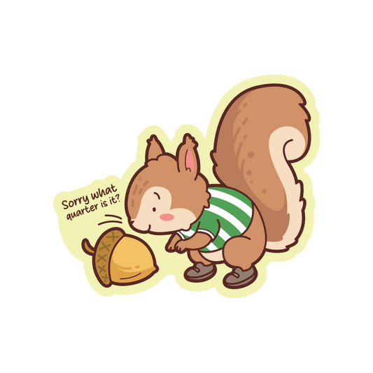 Cartoon squirrel holding an acorn with text on a white background