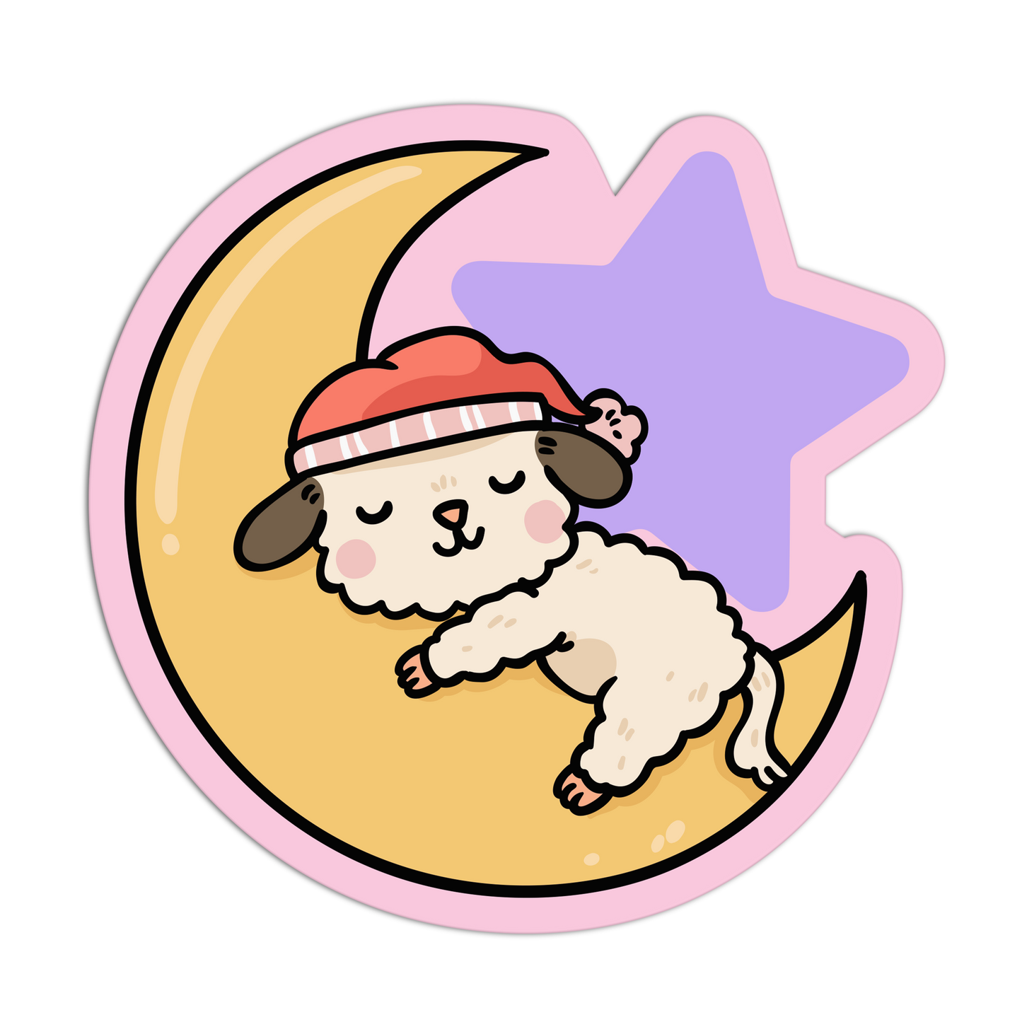 Cartoon dog in a Santa hat sleeping on a moon and star shape with a pink border.