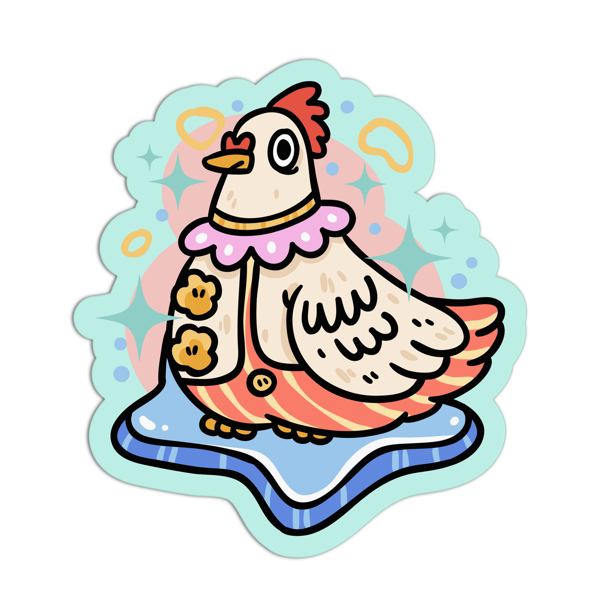 Cartoon chicken sticker with colorful design on a white background
