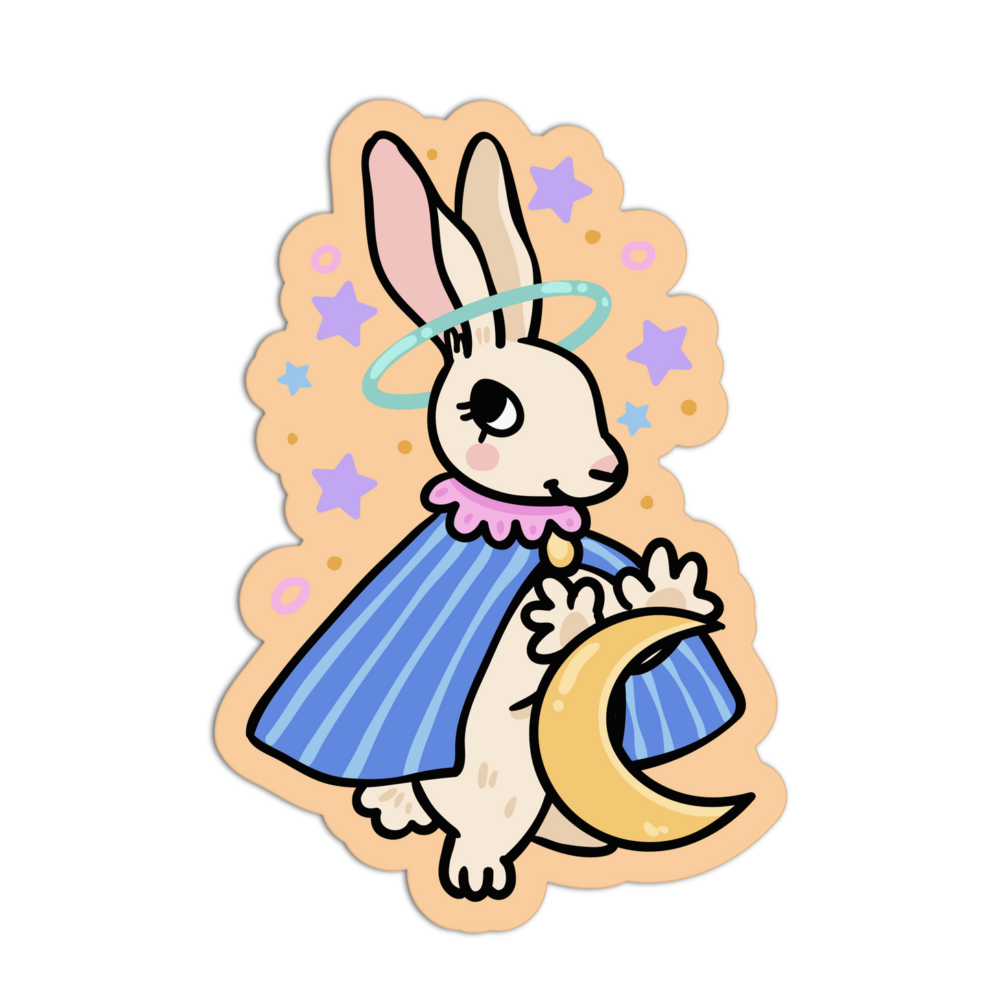 Illustration of a rabbit character holding a moon, surrounded by stars on a white background