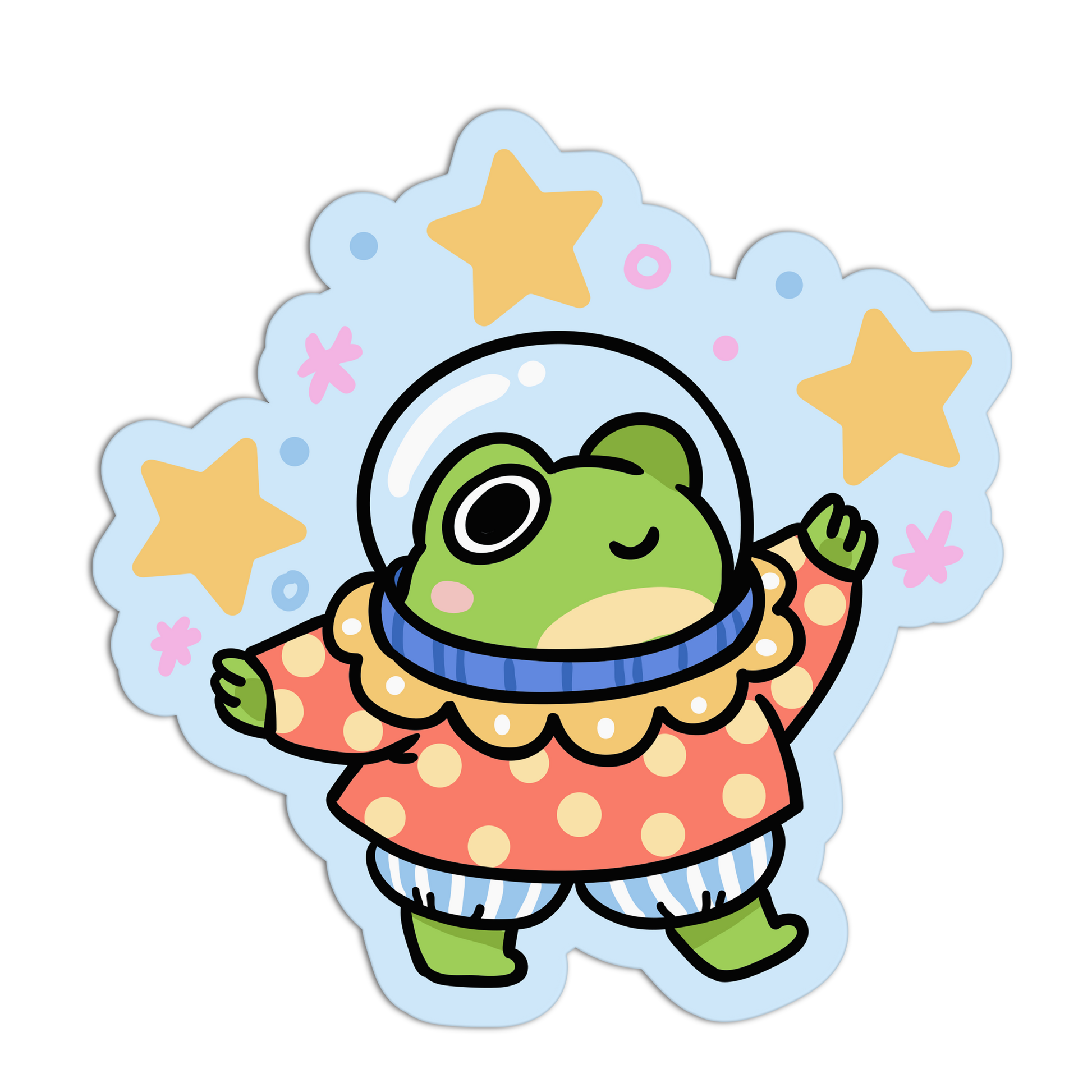 Cartoon frog in an astronaut suit with stars and a blue border on a white background