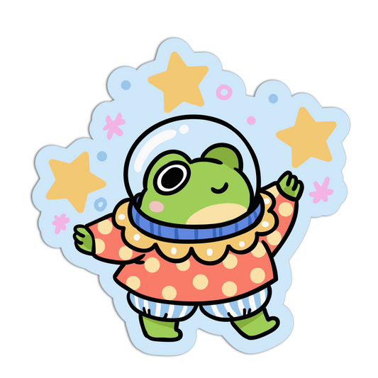 Cartoon frog in an astronaut suit with stars and a blue border on a white background