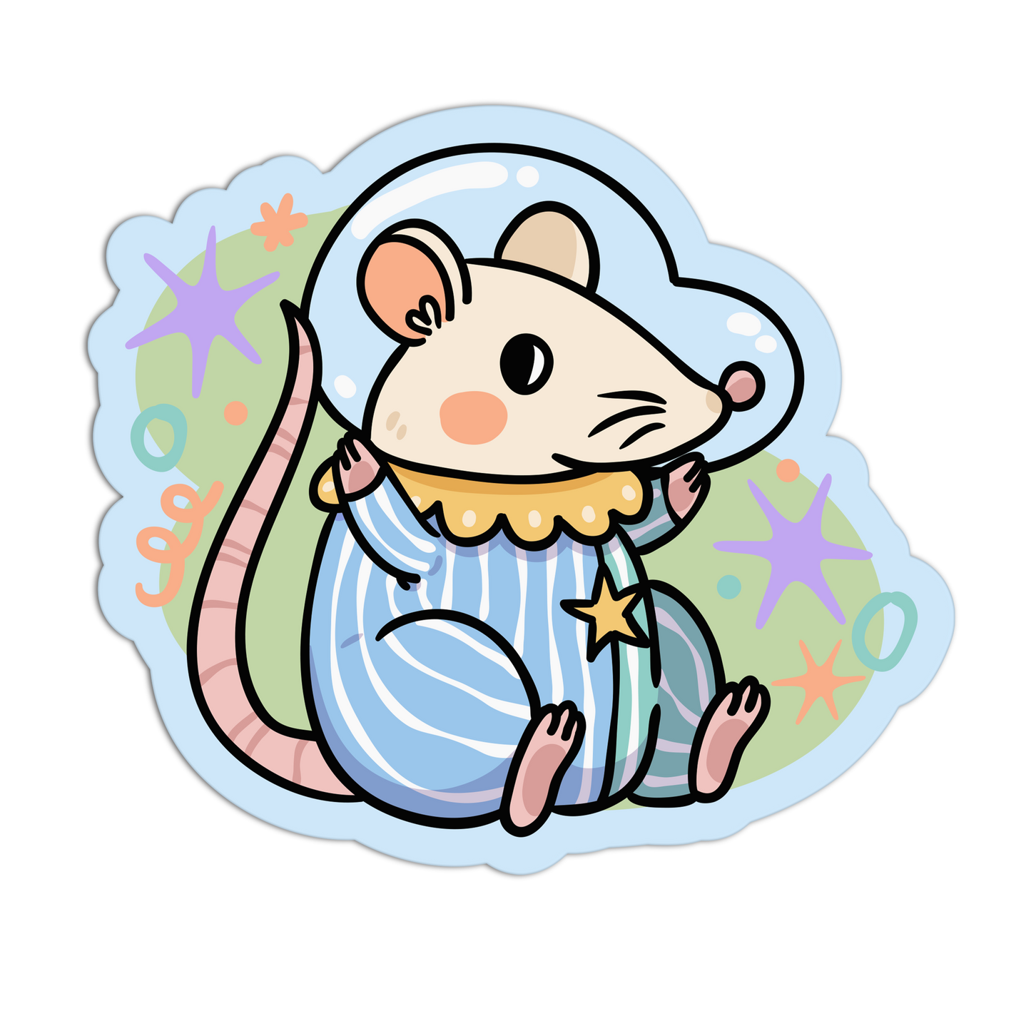 Cartoon mouse in pajamas with stars and circles on a light blue background