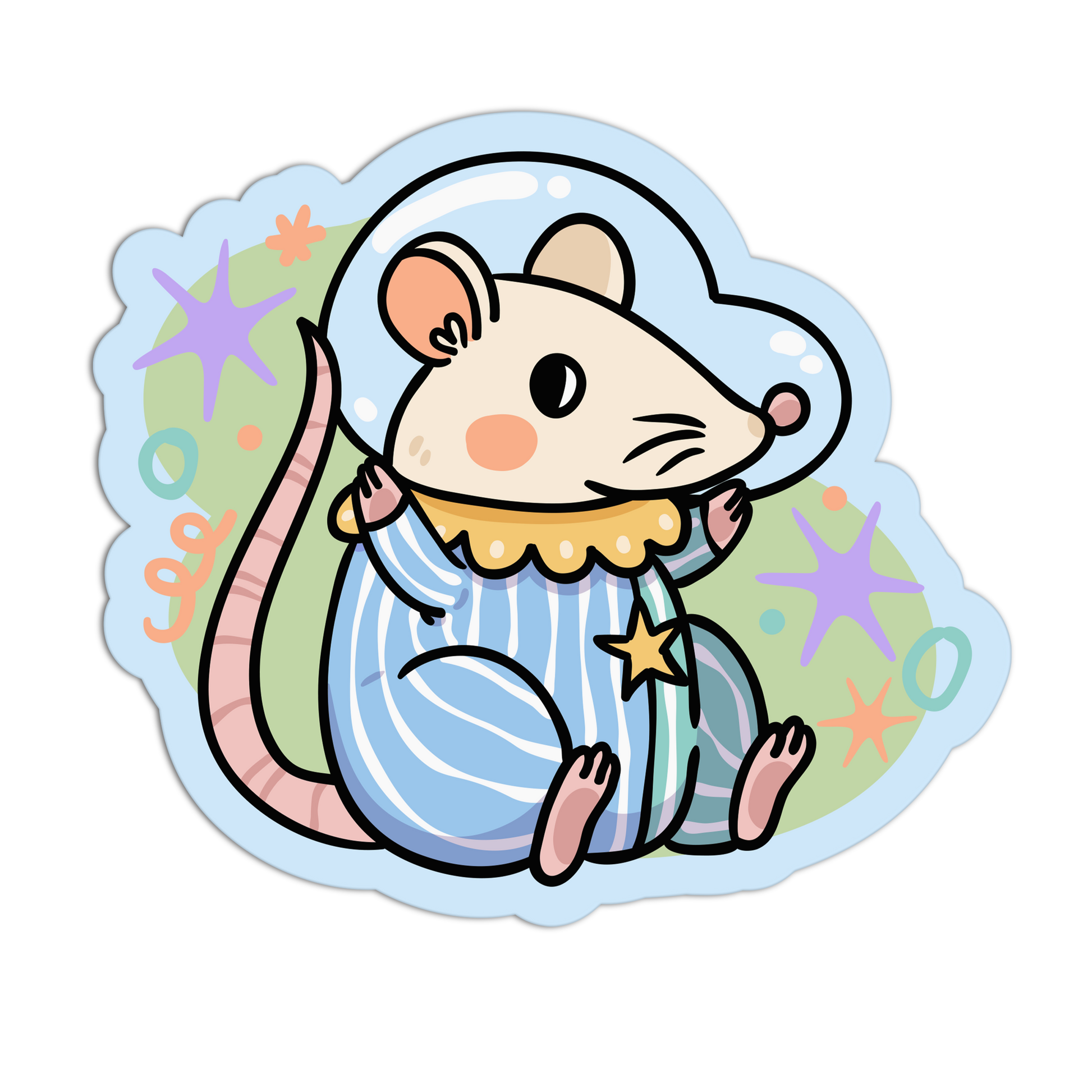 Cartoon mouse in pajamas with stars and circles on a light blue background