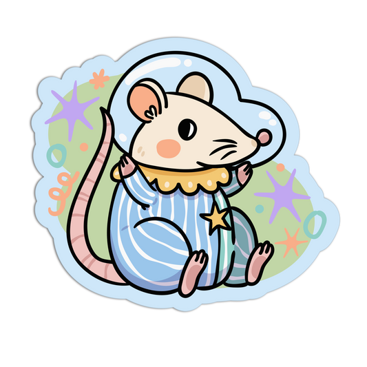 Cartoon mouse in pajamas with stars and circles on a light blue background