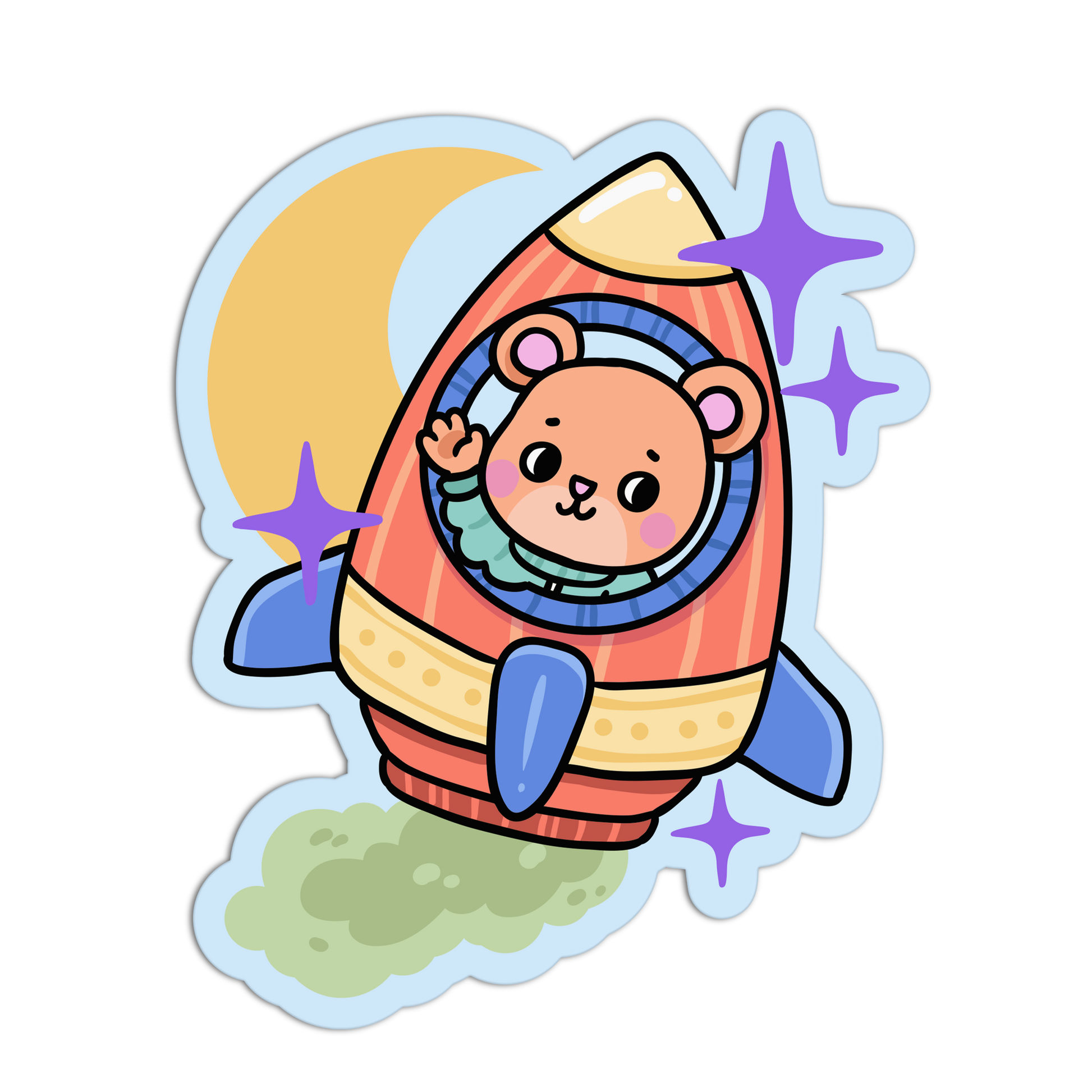 Cartoon character in a rocket ship with stars and moon in the background