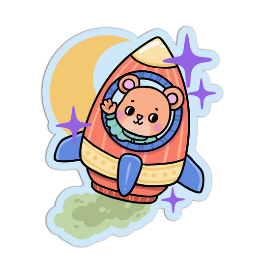Cartoon character in a rocket ship with stars and moon in the background