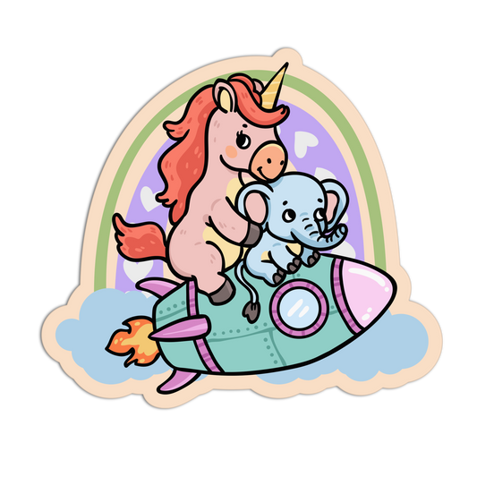 Cartoon unicorn with a rainbow and elephant on a cloud