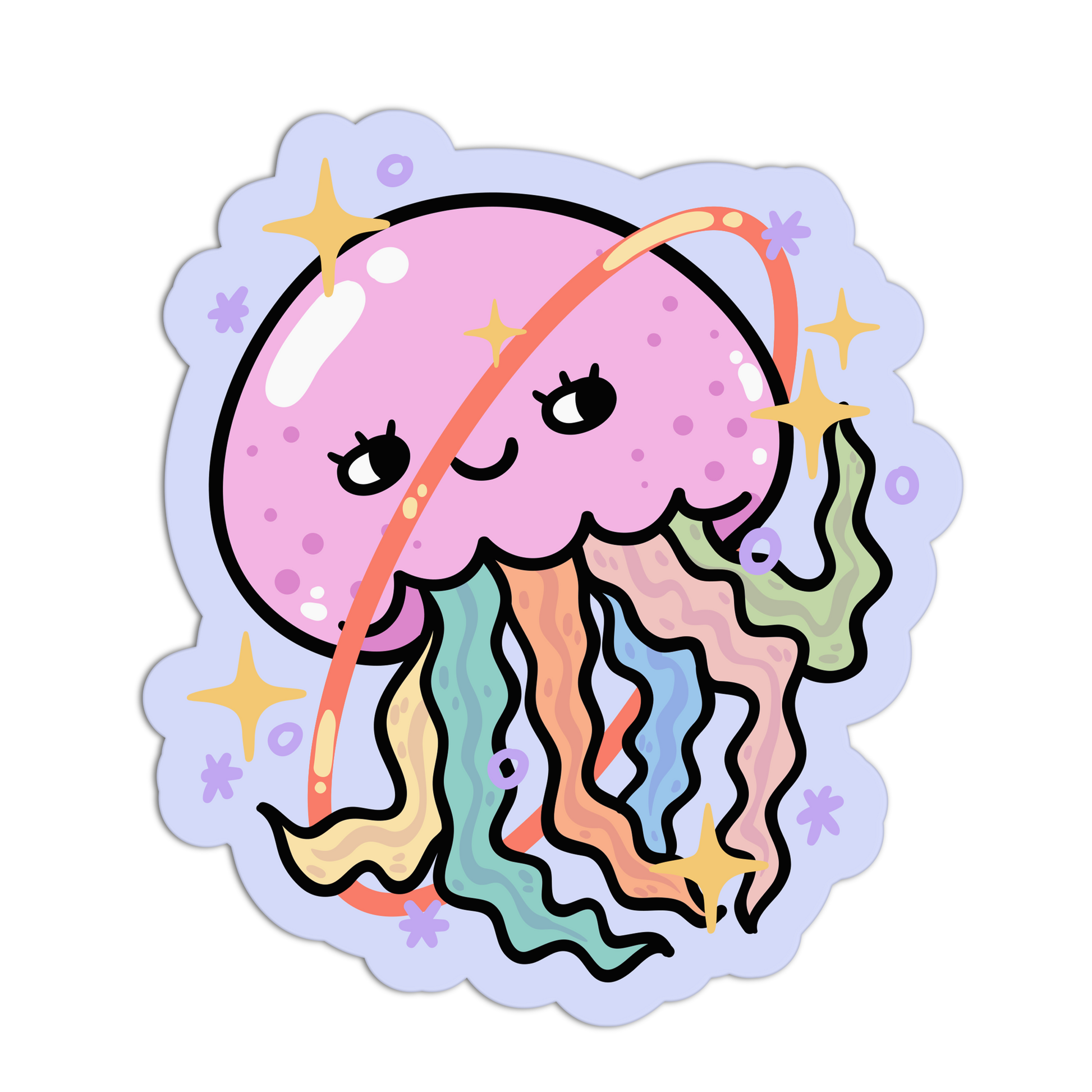 Cartoon jellyfish sticker with pastel colors on a white background