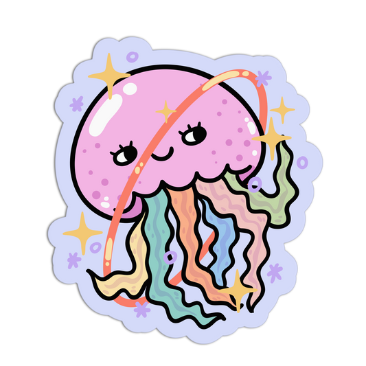 Cartoon jellyfish sticker with pastel colors on a white background