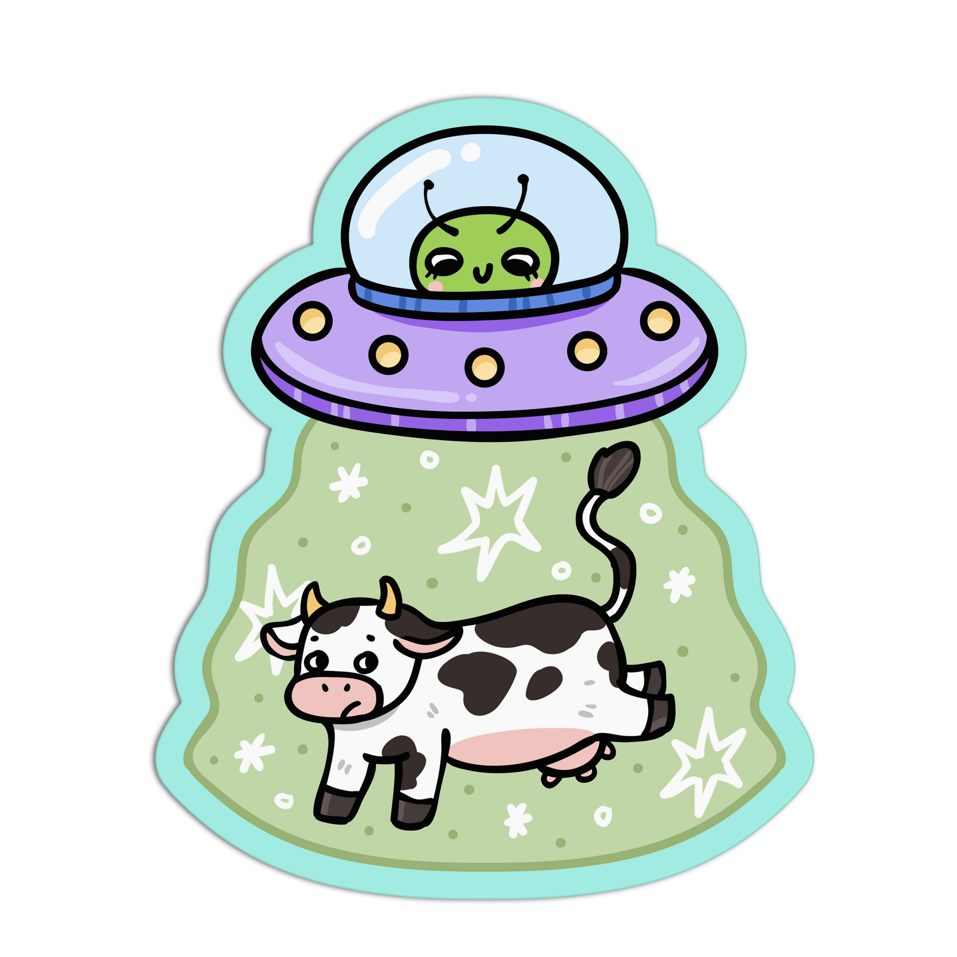 Cartoon alien in a UFO above a cow on a green background