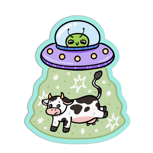 Cartoon alien in a UFO above a cow on a green background