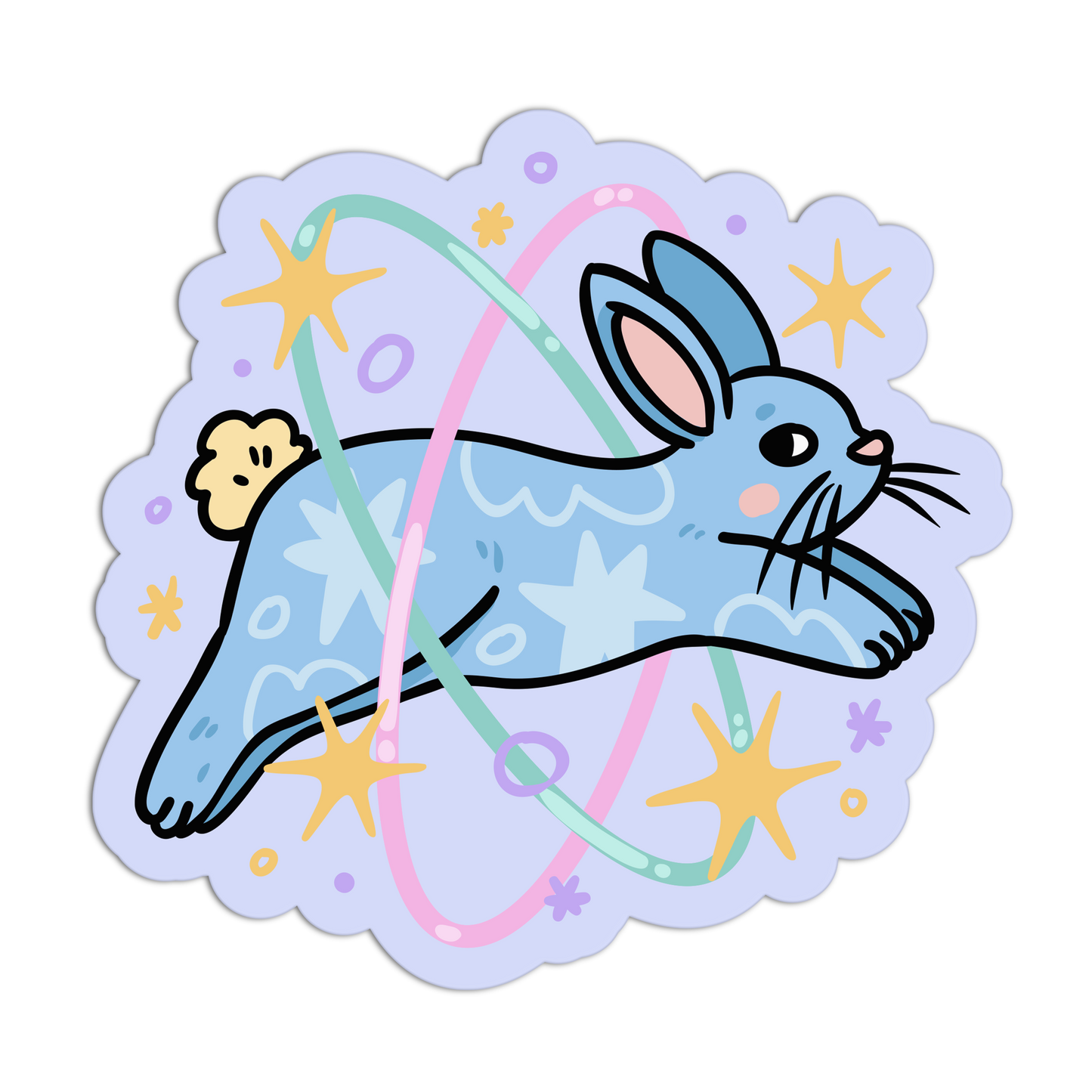 Cartoon blue rabbit with a hula hoop on a light purple background with stars