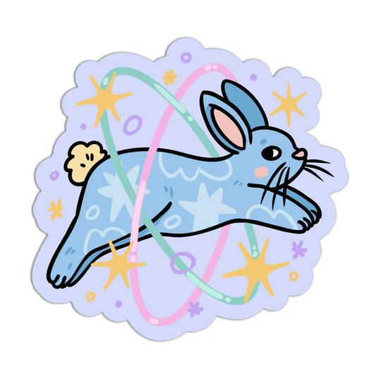 Cartoon blue rabbit with a hula hoop on a light purple background with stars