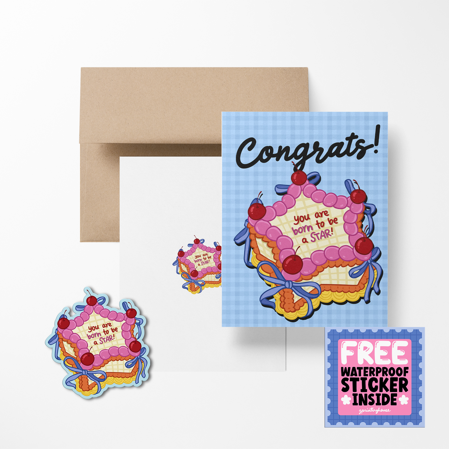 Greeting card with a colorful cake design and 'Congrats!' text, featuring a free waterproof sticker on a white background.
