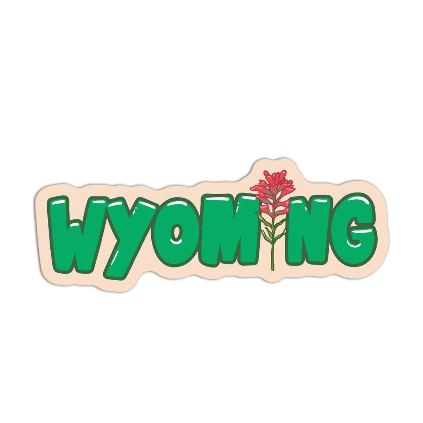 Sticker with 'WYOMING' text and a red flower on a beige background