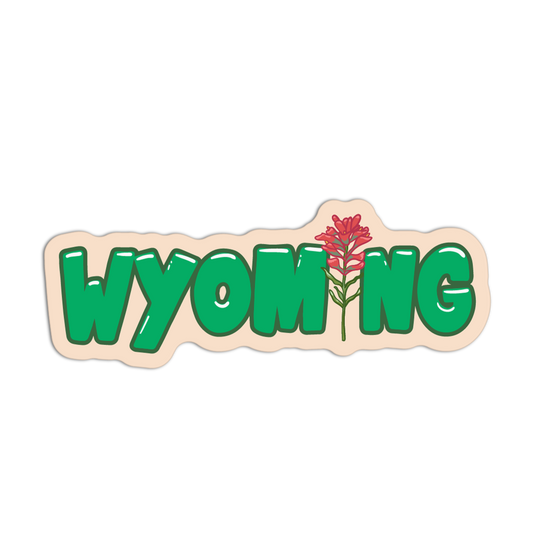 Sticker with 'WYOMING' text and a red flower on a beige background