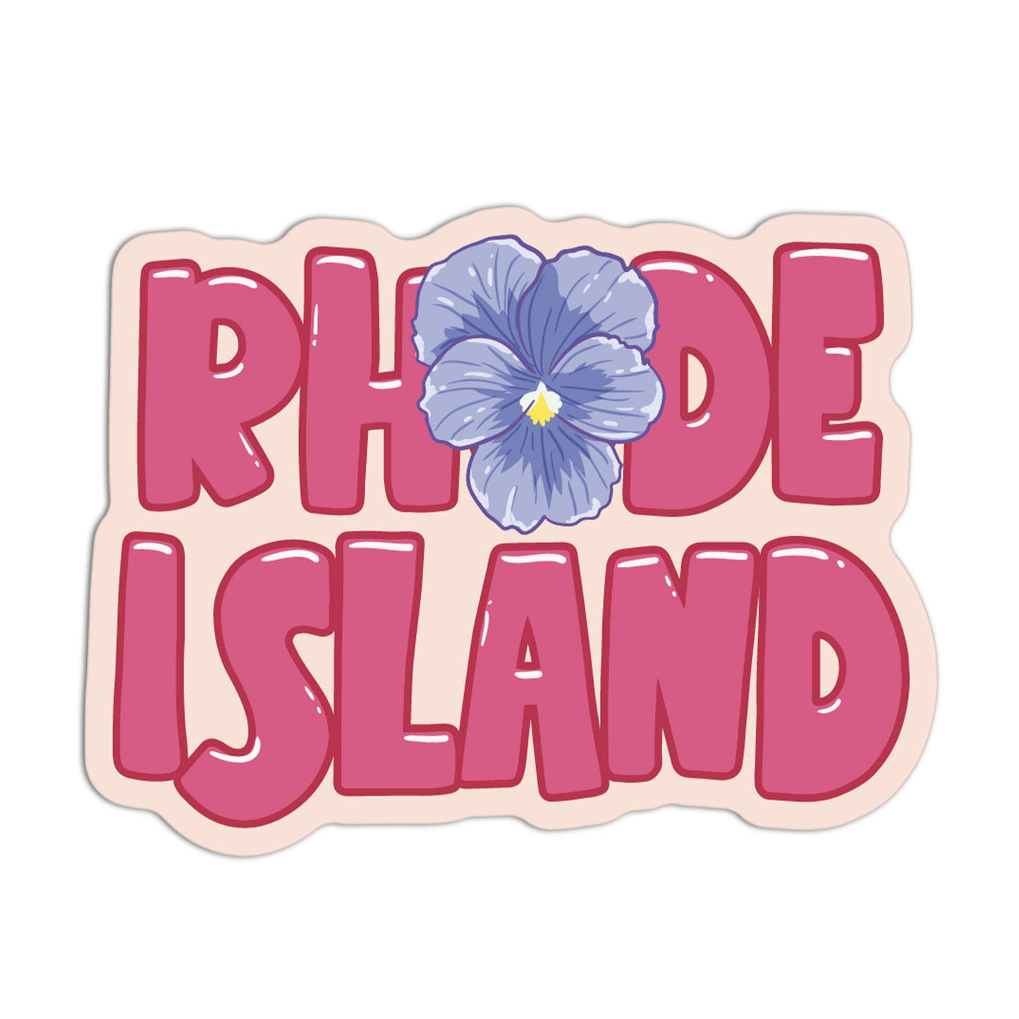 Sticker with 'RHODE ISLAND' text and a blue flower on a white background