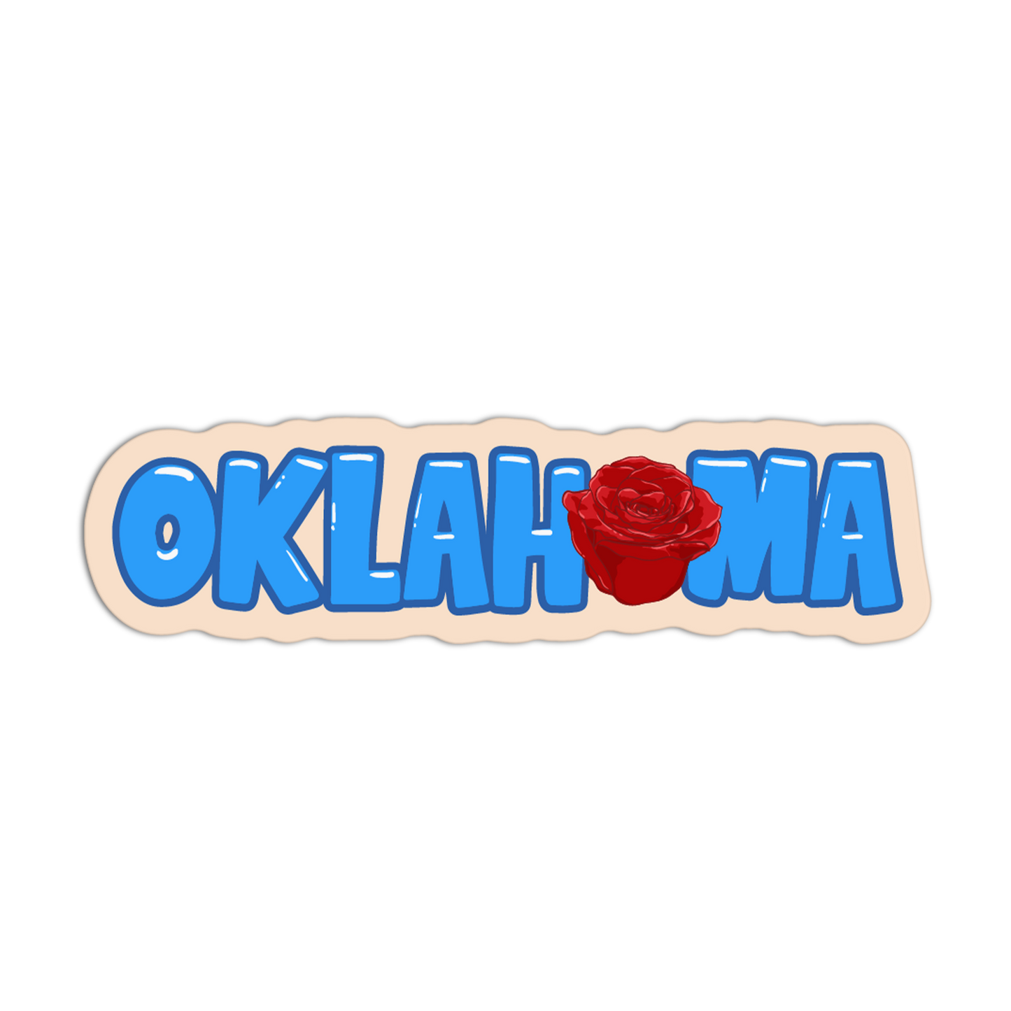Sticker with 'OKLAHOMA' in blue letters and a red rose on a white background