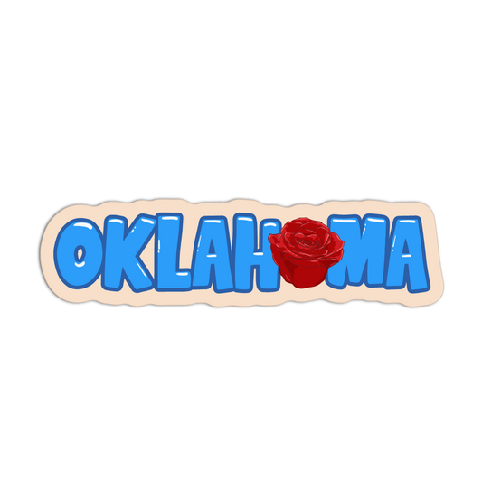 Sticker with 'OKLAHOMA' in blue letters and a red rose on a white background