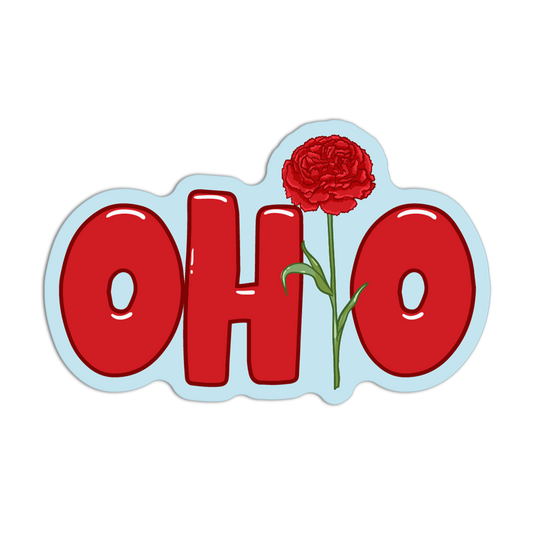Sticker with 'OHIO' text and a red flower on a white background