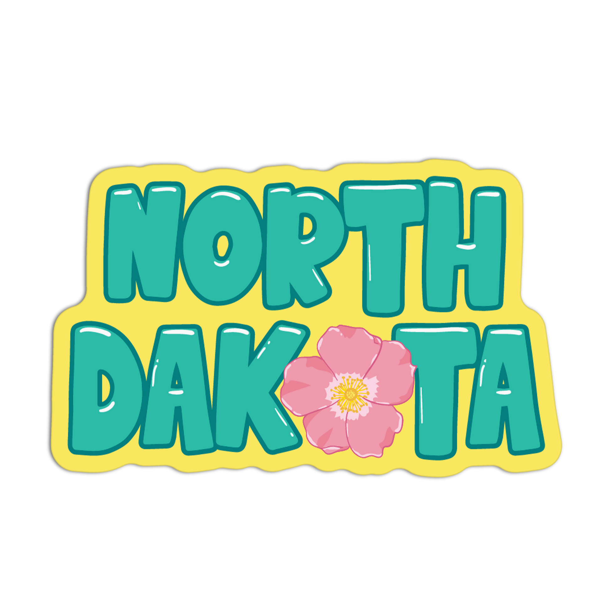 Sticker with 'NORTH DAKOTA' text and a pink flower on a yellow border.