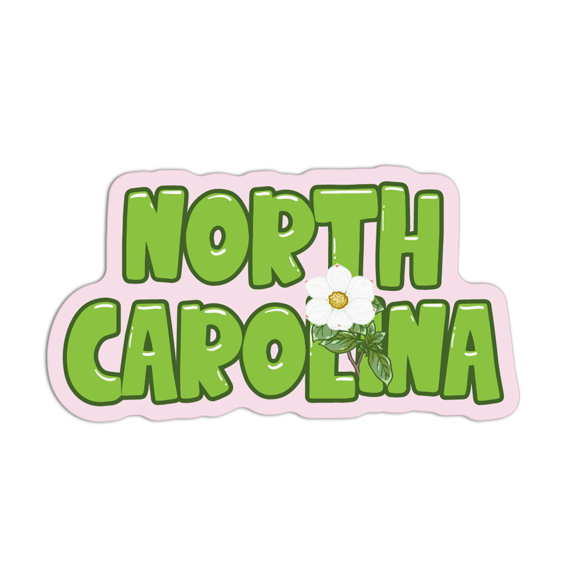 Sticker with 'North Carolina' text and a white flower on a pink border