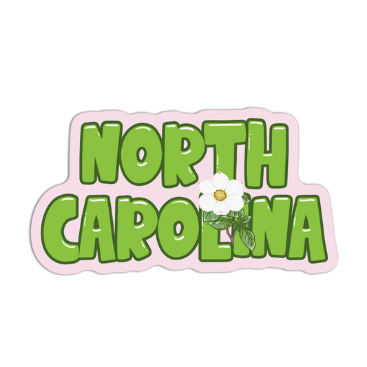 Sticker with 'North Carolina' text and a white flower on a pink border