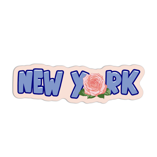 Sticker with 'NEW YORK' text and a pink rose on a white background