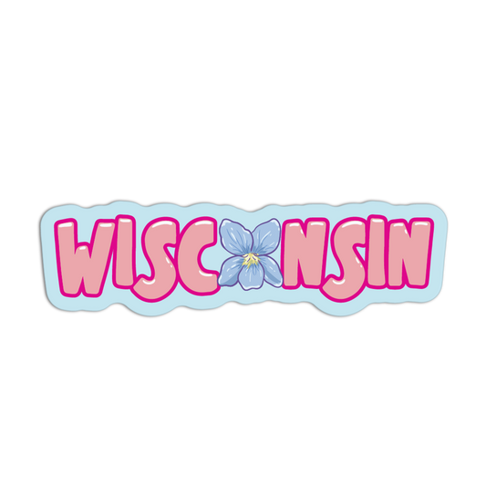 Sticker with 'WISCONSIN' text and a blue flower on a light blue background