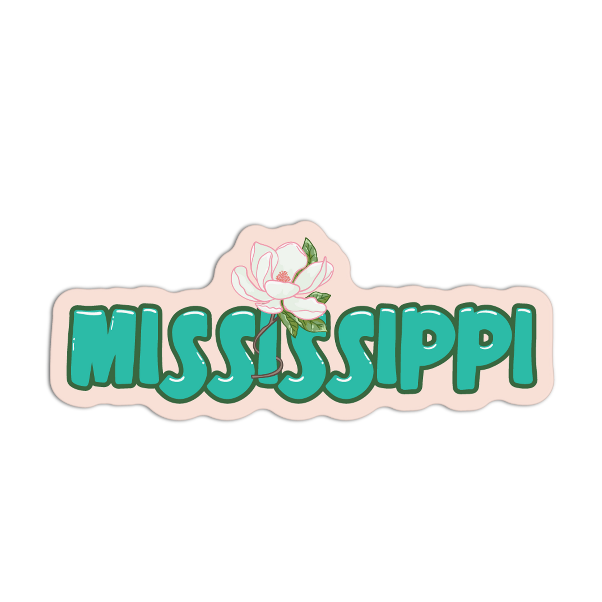 Sticker with 'Mississippi' text and a magnolia flower on a white background