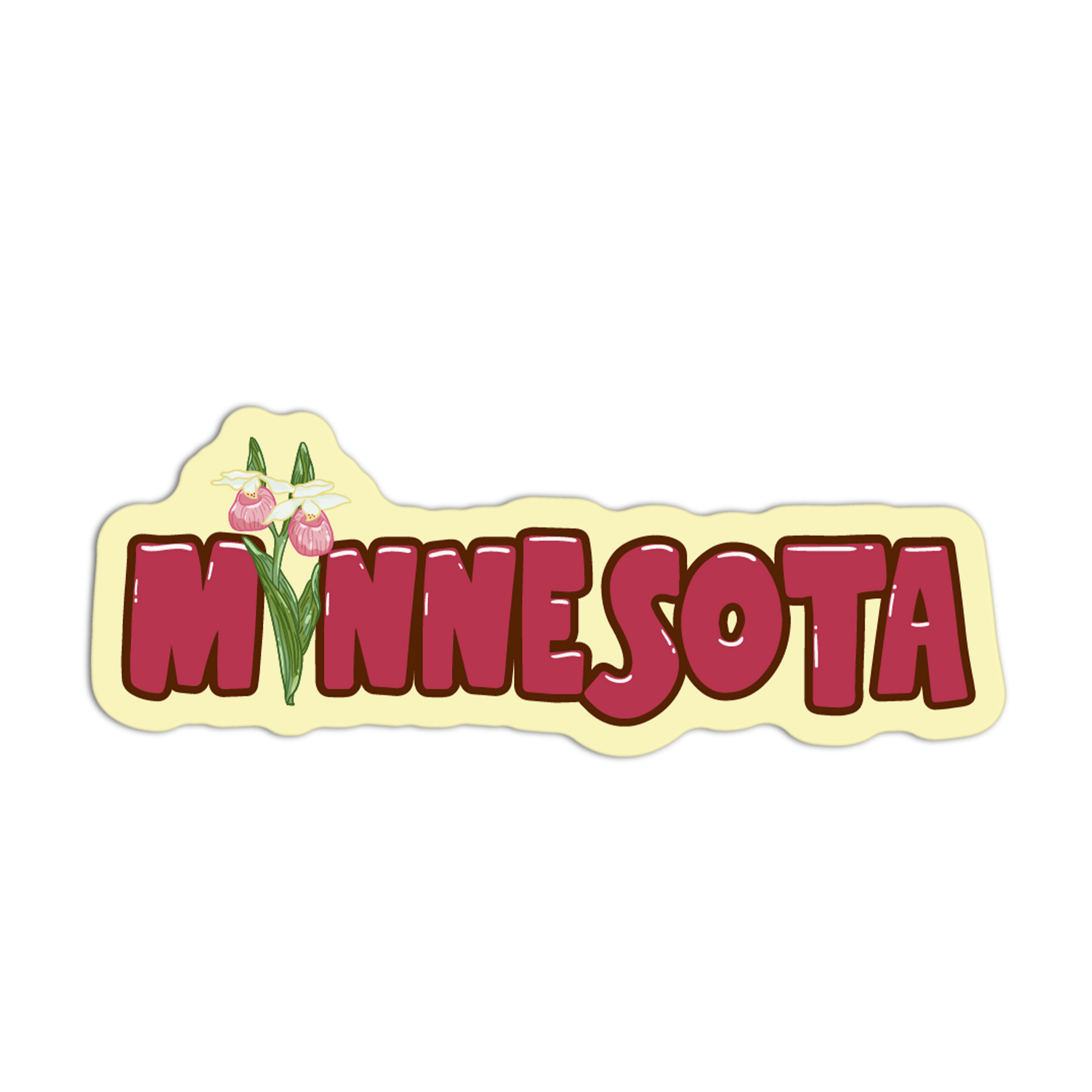 Shape of Minnesota with 'MINNESOTA' text and a flower on a white background